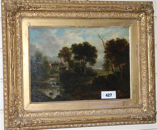 Attributed to Patrick Nasmyth, oil on canvas, Village edge river landscape, 24 x 34cm